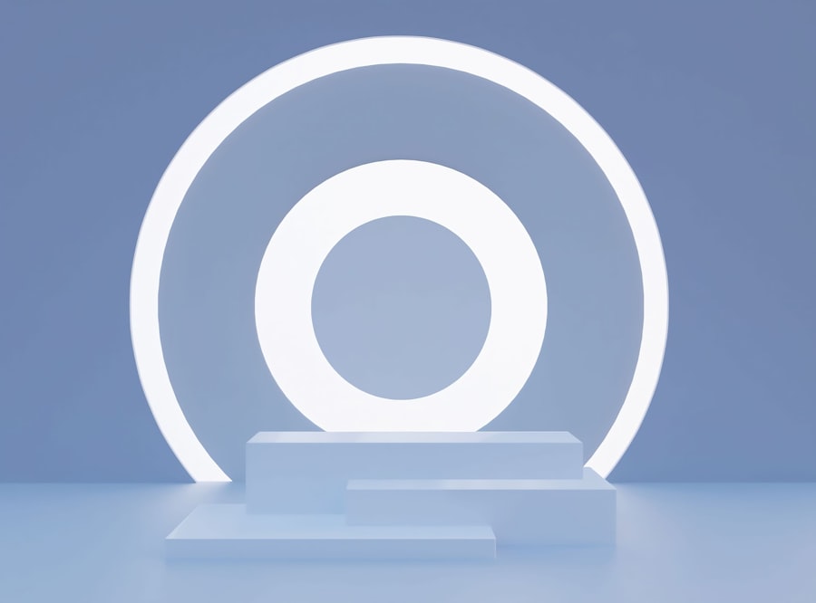 Podium de présentation épuré sous un anneau lumineux